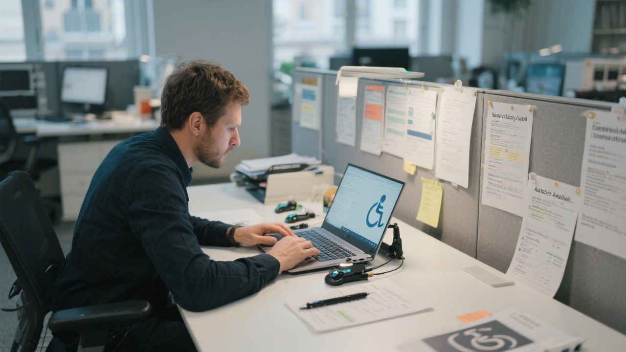 Instructor performing an accessibility audit on a laptop using assistive technology tools, surrounded by detailed compliance notes on a tidy desk in a Paris office.