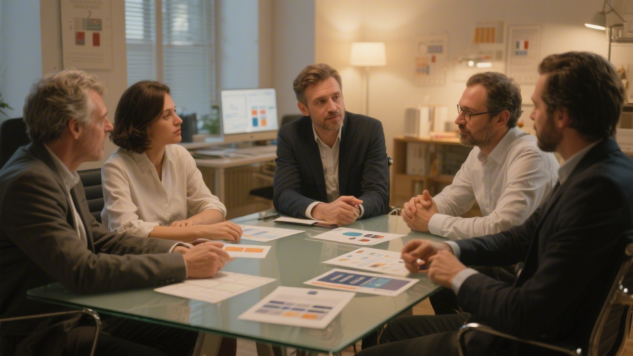 Warm office scene showing a client meeting with French design mentors, sharing interface mockups and planning project milestones around a glass table.