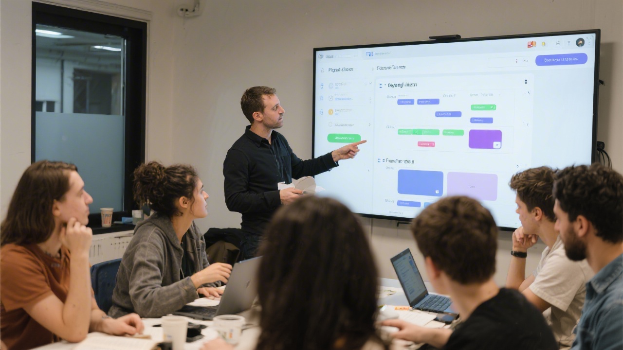Group of emerging designers attending a Figma workshop, following mentor instructions projected on screen while building consistent components for a real client interface challenge.