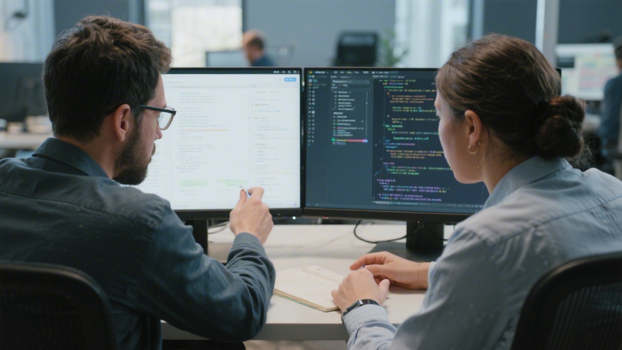 Two professionals reviewing component specifications on dual monitors, ensuring design-to-front-end alignment with annotated code snippets and responsive guidelines.