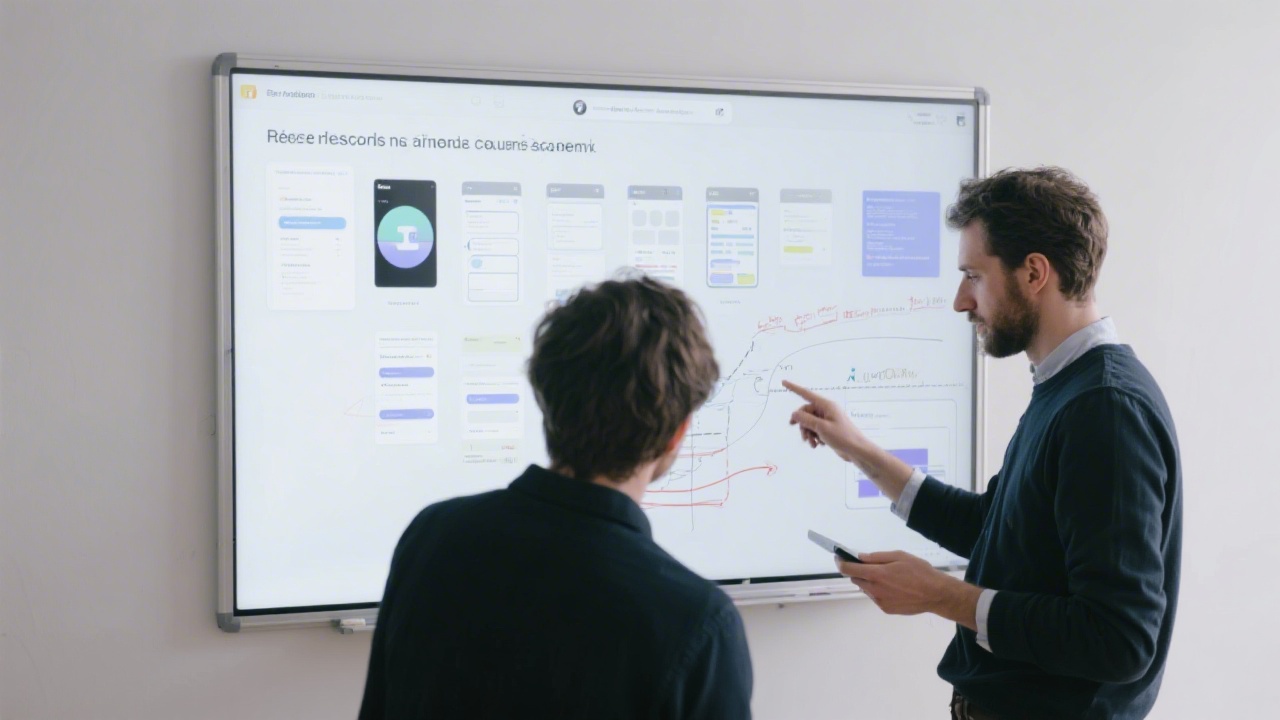 Minimalist photograph of French UX designers collaborating around a digital whiteboard, reviewing responsive interface layouts and planning a comprehensive UI course roadmap for an ambitious Parisian academy.