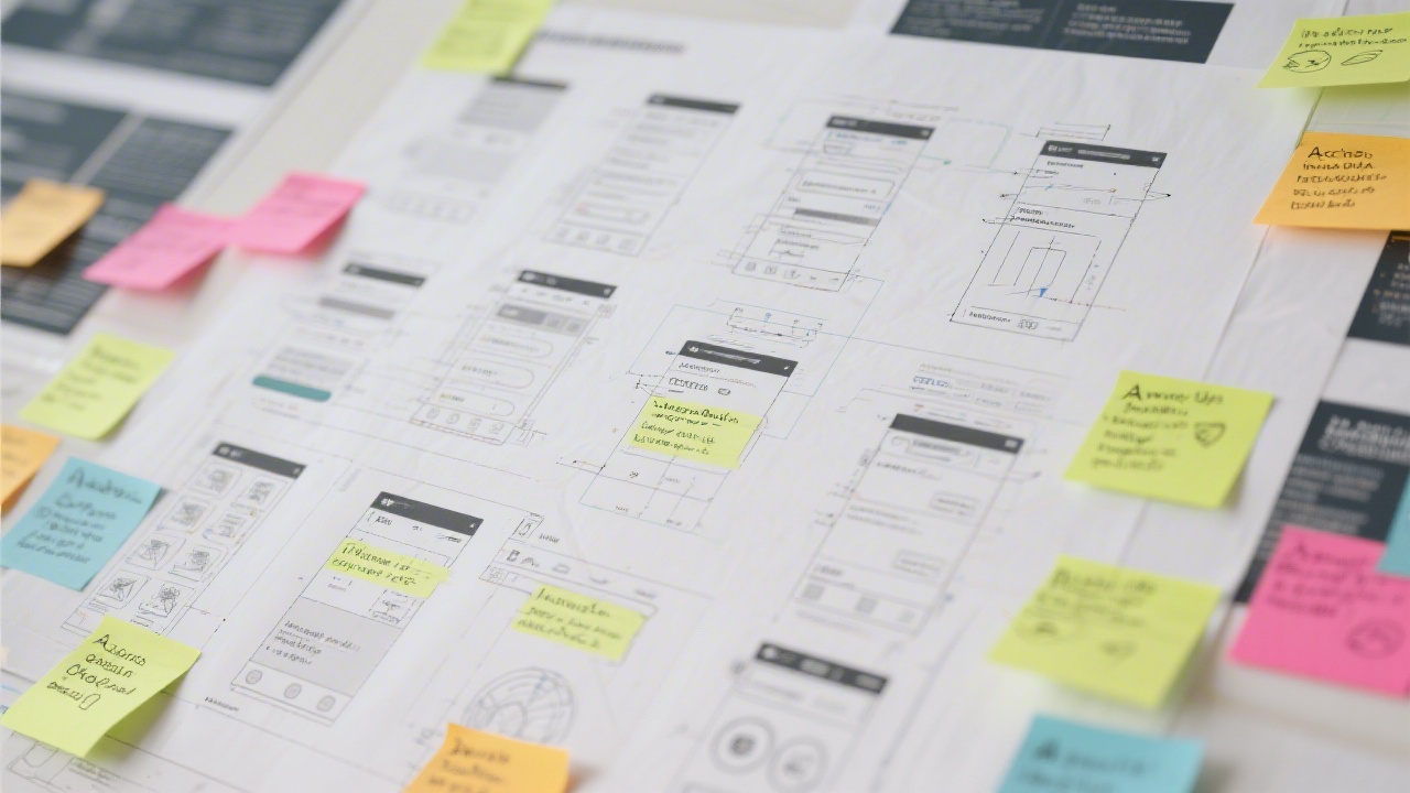 Detailed shot of interface wireframes printed on large sheets, surrounded by sticky notes describing interaction patterns and accessibility checkpoints for a structured web interface design curriculum.