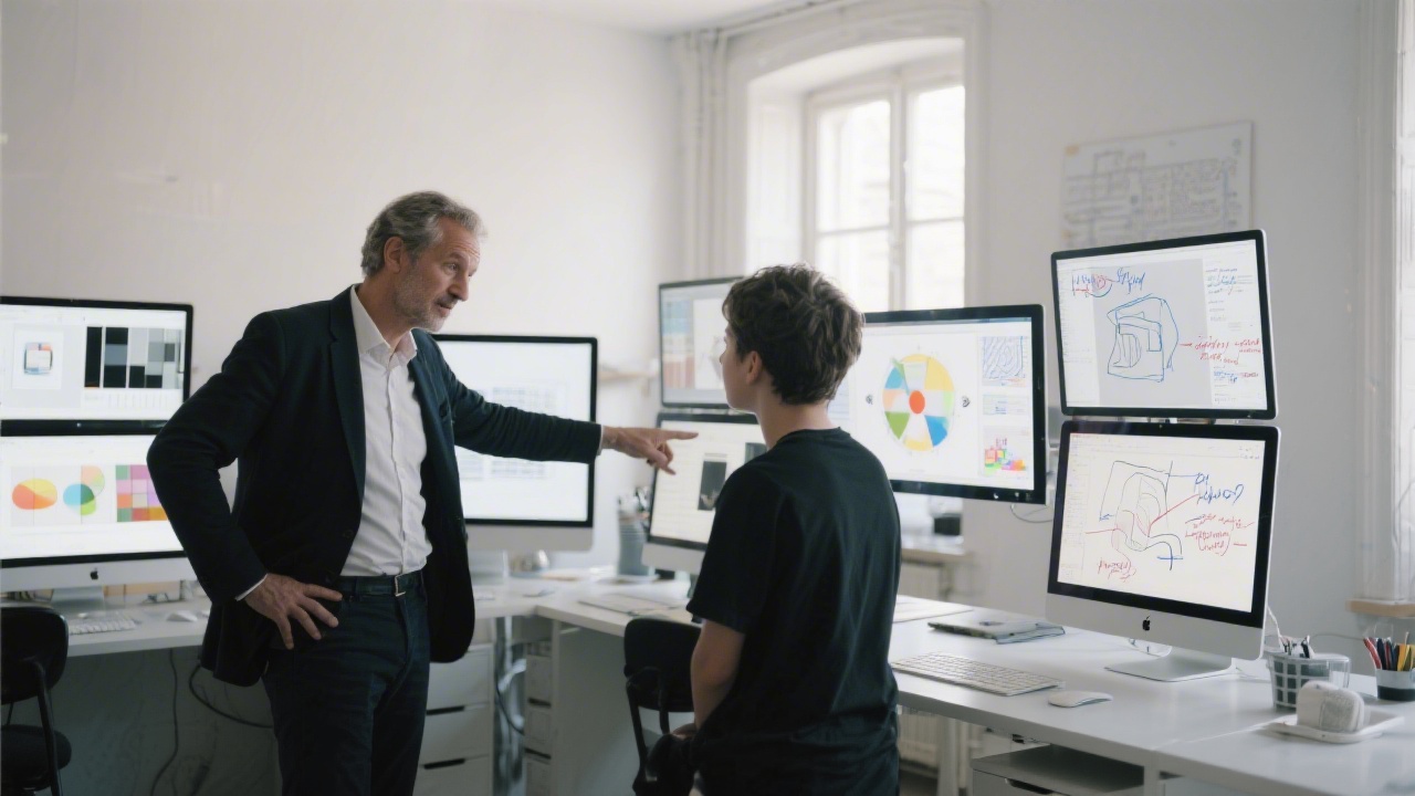 Interior photograph of a mentor guiding a learner during a design critique, highlighting annotated interface variations displayed on multiple monitors within a minimalist Parisian studio.