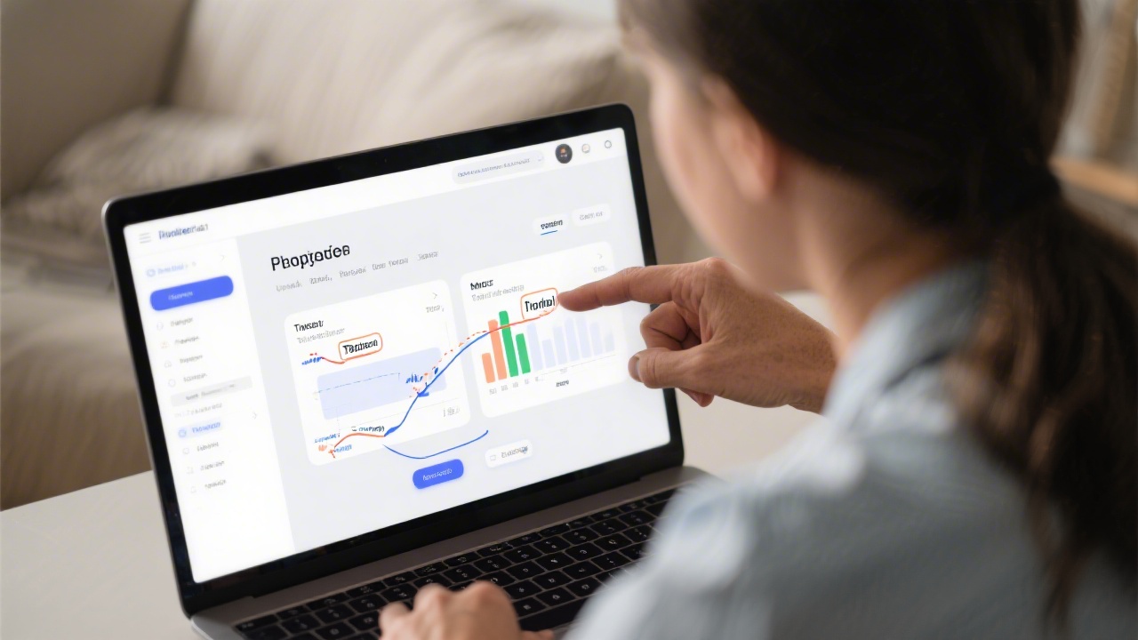 Close-up of interactive prototype displayed on a laptop while a mentor guides a learner through usability metrics, annotating transitions and component states during an iterative design review.